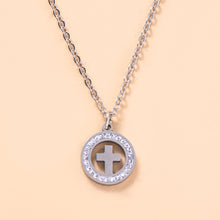 Load image into Gallery viewer, Gold Hollow Round Cross Necklace Silver Stainless Steel Crystal Circle Pendant Necklaces
