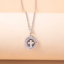 Load image into Gallery viewer, Gold Hollow Round Cross Necklace Silver Stainless Steel Crystal Circle Pendant Necklaces
