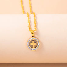 Load image into Gallery viewer, Gold Hollow Round Cross Necklace Silver Stainless Steel Crystal Circle Pendant Necklaces
