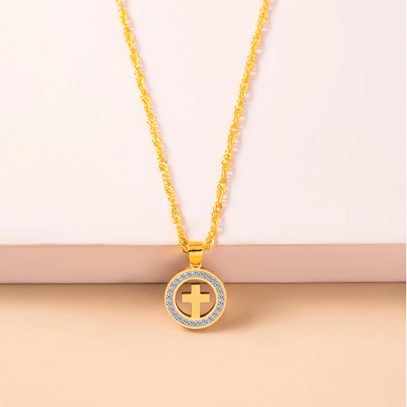 Gold Hollow Round Cross Necklace Silver Stainless Steel Crystal Circle Pendant Necklaces