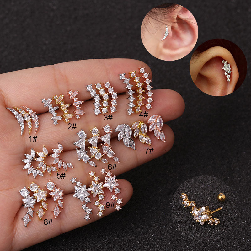 Stainless Steel Ear Piercing Jewelry Pentagonal Zircon